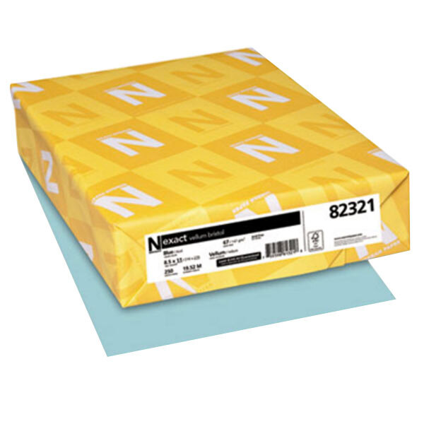 A yellow package of Neenah blue vellum cover stock paper with white letters.