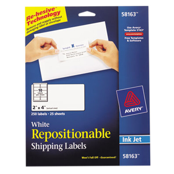 A box of white Avery shipping labels with hands holding a piece of paper.
