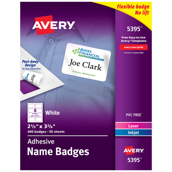 A package of white Avery self-adhesive name badge labels.