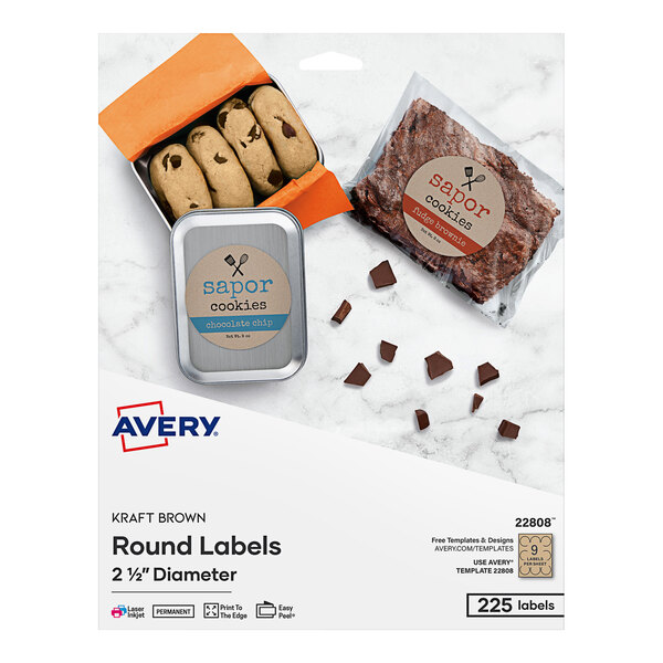 A package of chocolate chip cookies with Avery Kraft Brown round labels on the box.