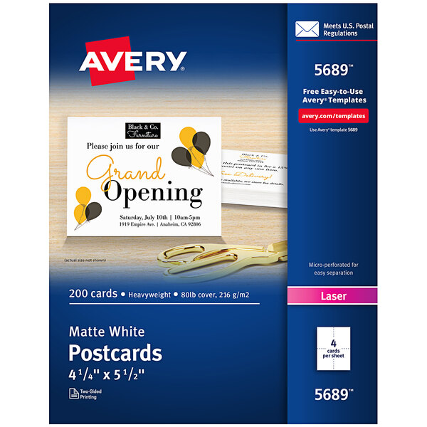 A white and blue box of Avery White Printable Postcards with a white postcard on the front.