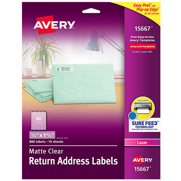 A package of Avery Matte Clear Laser Printer Return Address Labels with a green label on the front.
