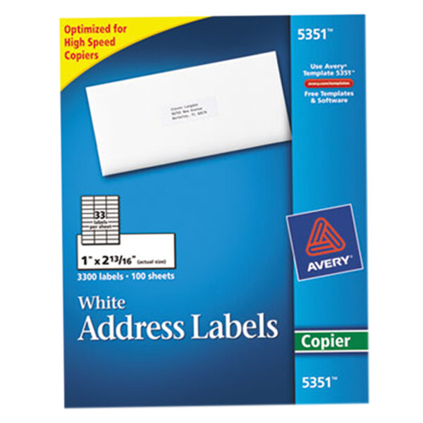 Avery 5351 1" x 2 13/16" White Copier Mailing Address Labels 3300/Box