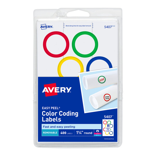 A white package of Avery color coding labels with colorful circles on it.