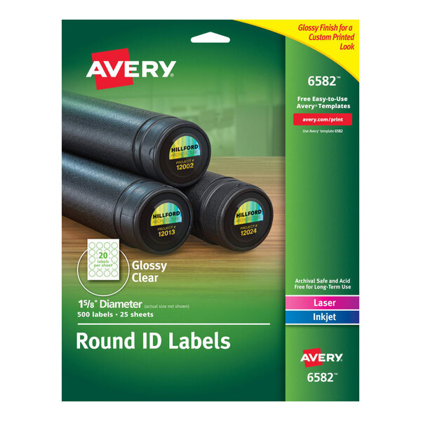 A package of Avery round glossy clear ID labels.