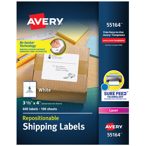 Avery® 55164 3 1/3" x 4" White Repositionable Shipping Labels - 600/Box
