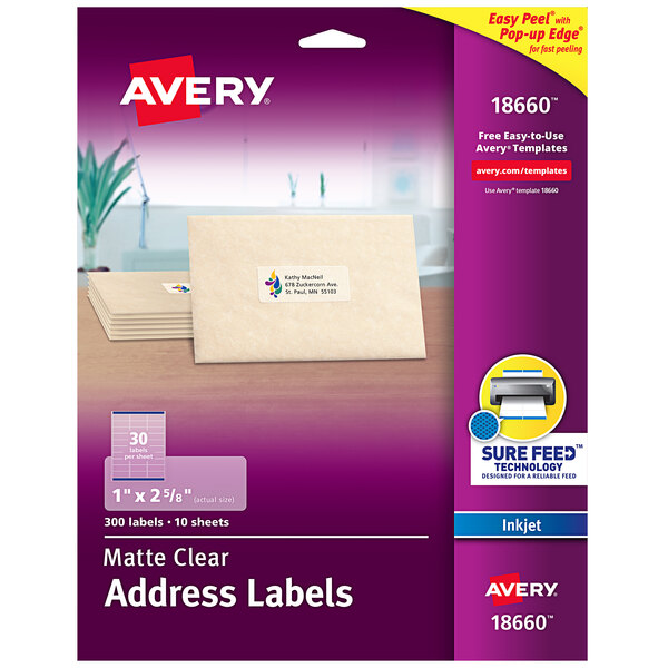 Avery® 18660 Easy Peel 1" x 2 5/8" Matte Clear Inkjet Printer Address Labels - 300/Pack
