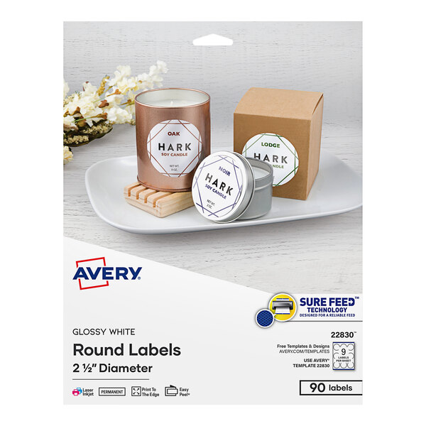 A package of Avery round white glossy labels with blue and black text on a white background.