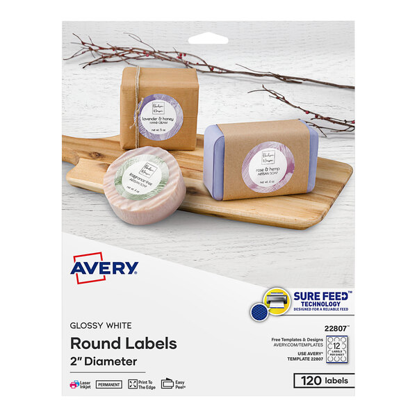 A package of white round Avery labels with a label on it.