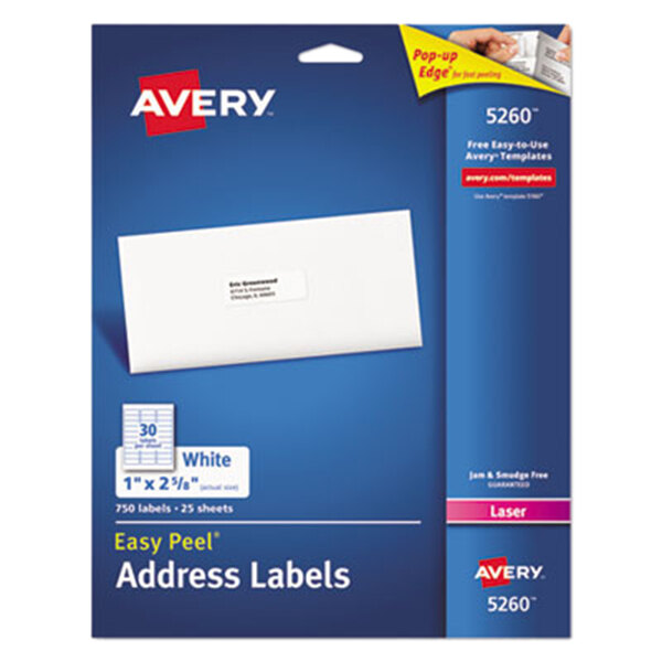 A blue box of Avery white rectangular mailing address labels.