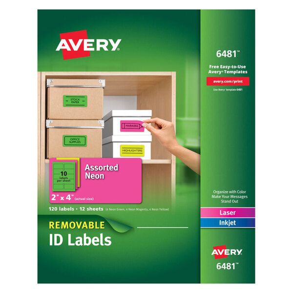 A hand holding a rectangular Avery label with a pink background and white text.
