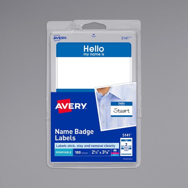 A package of 100 Avery blue and white "Hello" name badges.