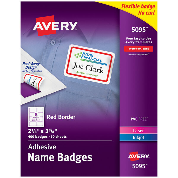 A package of Avery name badges with a red label and yellow and purple accents.