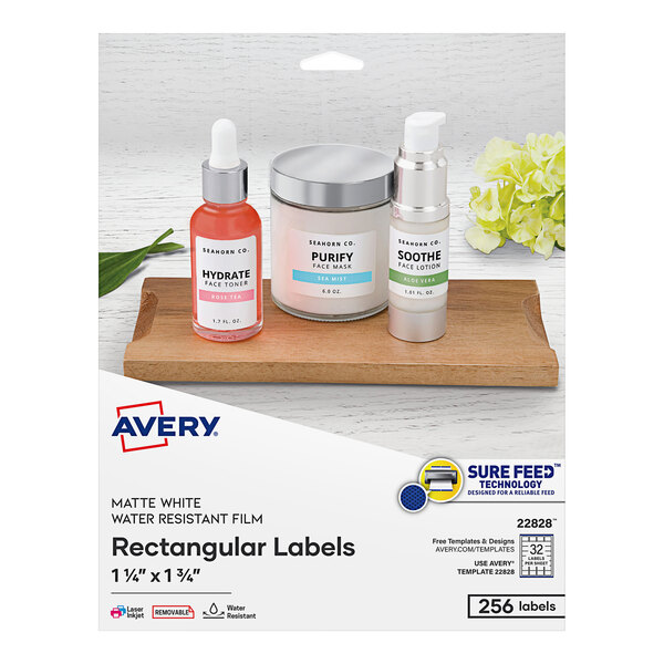 A package of Avery rectangular white labels with a silver lid.