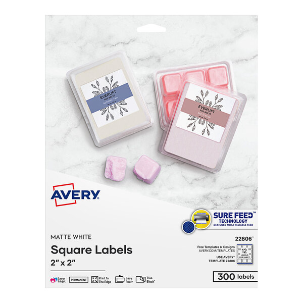 A package of Avery white square labels with a white background.