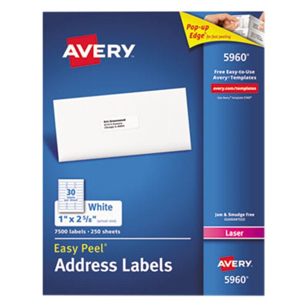 A blue box of white Avery® address labels.