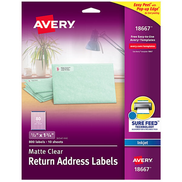 A package of Avery clear return address labels.
