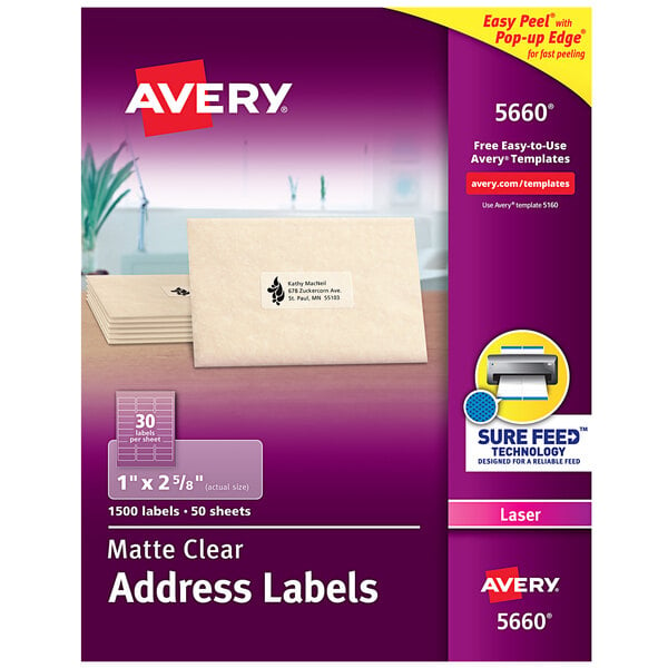 A purple box of Avery clear mailing address labels.
