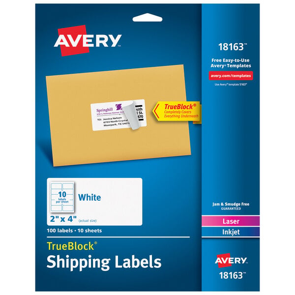 Avery® 18163 TrueBlock 2" x 4" White Shipping Labels - 100/Pack