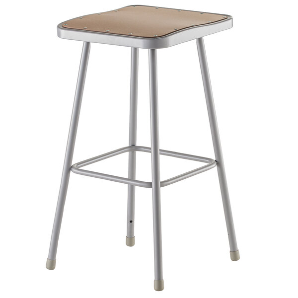 A National Public Seating lab stool with a brown hardboard seat.