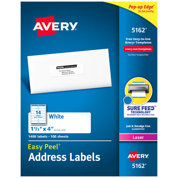 A blue box of white Avery Mailing Address Labels.