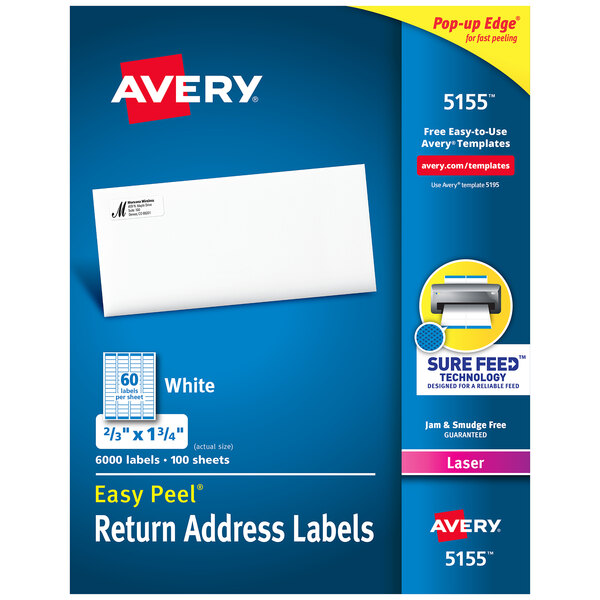 Avery® 5155 2/3" x 1 3/4" White Easy Peel Mailing Address Labels - 6000/Box