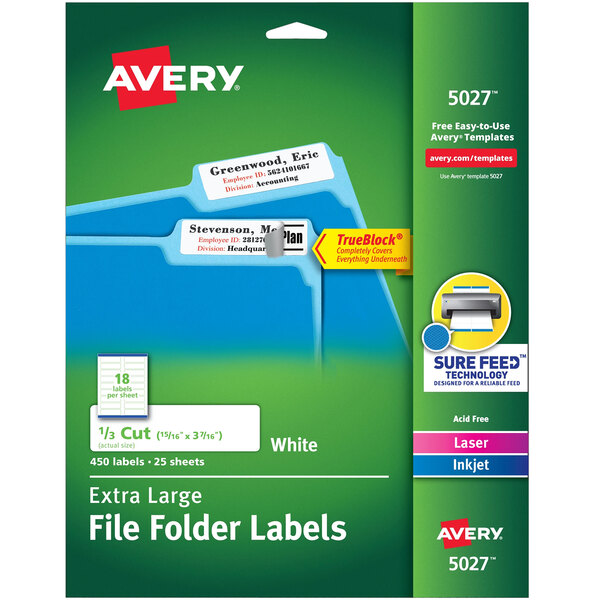 Avery® 5027 15/16" x 3 7/16" White X-Large Top Tab 1/3 Cut File Folder Labels - 450/Pack