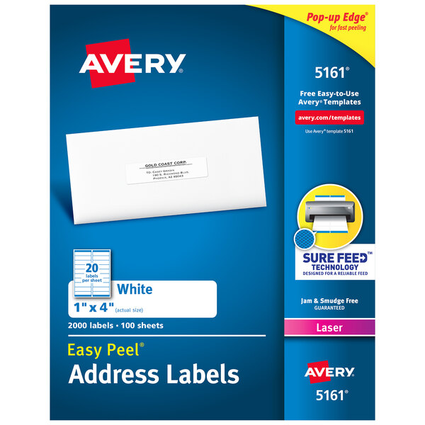 Avery® 5161 1" x 4" White Easy Peel Mailing Address Labels - 2000/Box