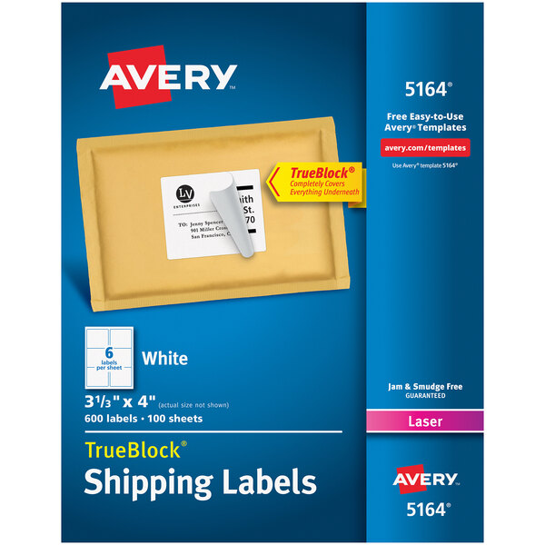 Avery® 5164 3 1/3" x 4" White Shipping Labels - 600/Box