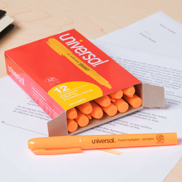 Universal UNV08853 Fluorescent Orange Chisel Tip Pen Style Highlighter with Pocket Clip - 12/Pack