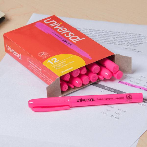 A pink Universal chisel tip highlighter pen with a pocket clip.