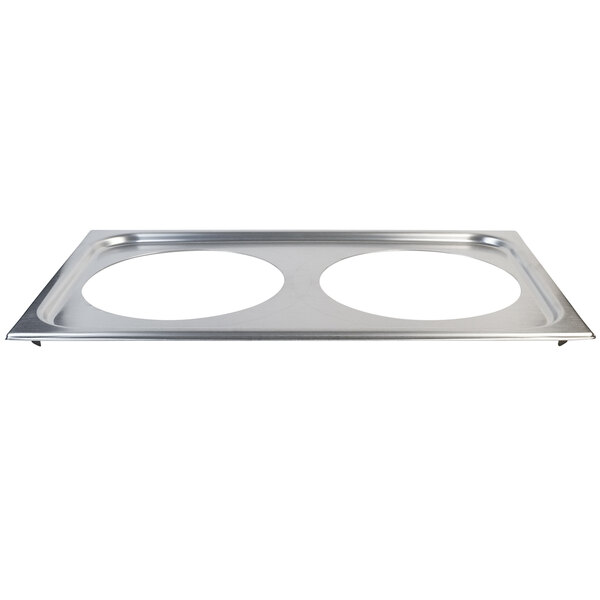 A stainless steel 2 hole adapter plate with 8 3/8" openings.