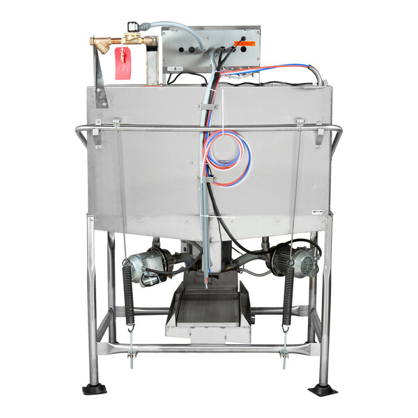 A commercial double rack low temperature corner dishwasher with a stainless steel frame and attached hoses.
