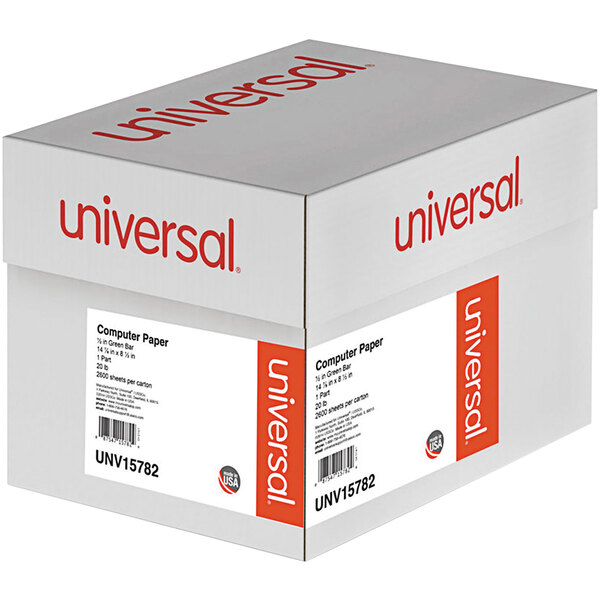 Universal UNV15782 8 1/2" x 14 7/8" Green Bar Case of 20# Perforated Continuous Print Computer Paper - 2600 Sheets