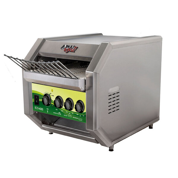 An APW Wyott conveyor toaster with analog controls and a green handle.