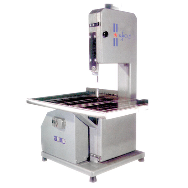 An Omcan tabletop vertical band saw with a metal surface.