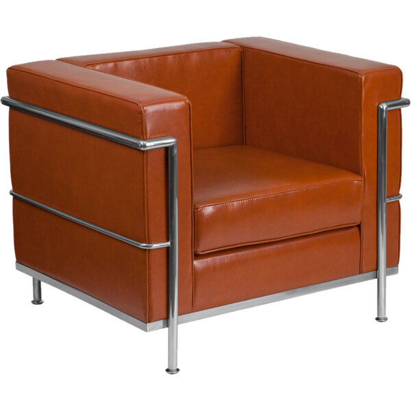 A brown leather Flash Furniture Hercules Regal chair with metal legs.