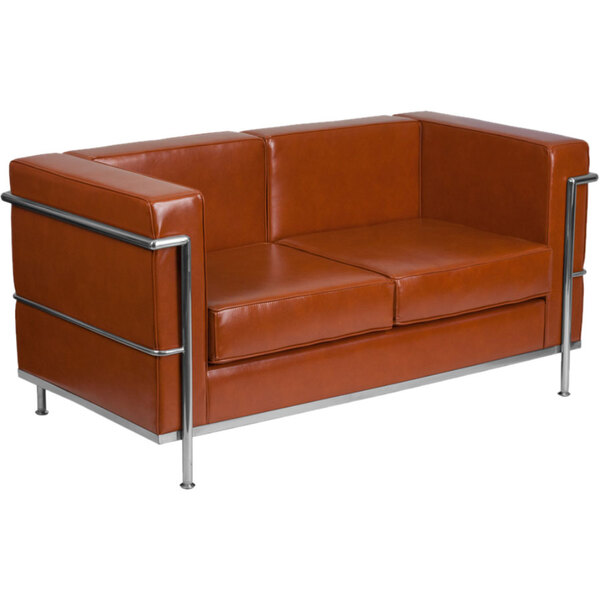 Flash Furniture ZB-REGAL-810-2-LS-COG-GG Hercules Regal Cognac Contemporary Leather Loveseat with Stainless Steel Frame