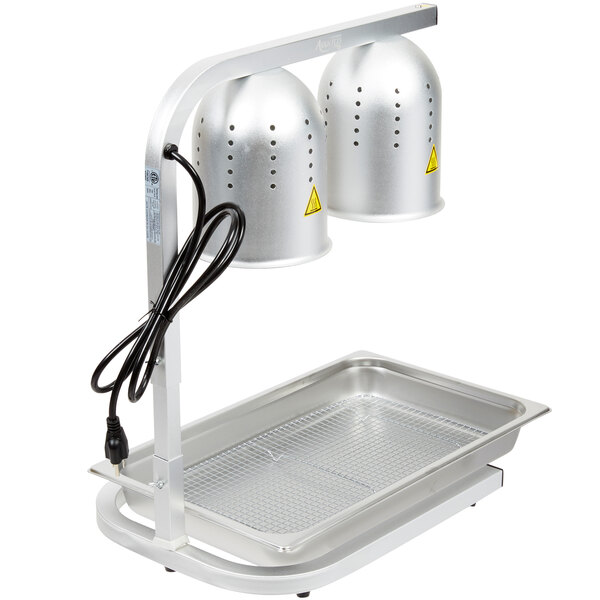 Avantco Silver 2 Bulb Free Standing Heat Lamp / Food Warmer with Pan