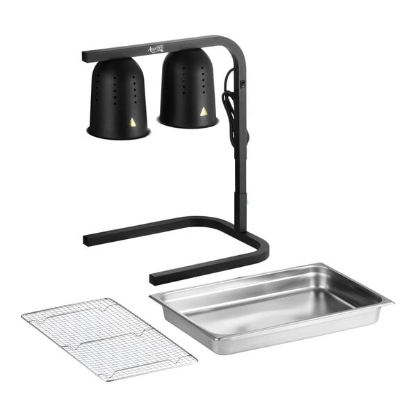 A black two-bulb free standing heat lamp food warmer with a stainless steel pan and wire grate.