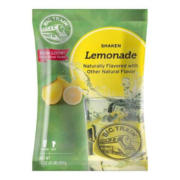 A bag of Big Train Shaken Lemonade Drink Mix with a packet of lemonade mix inside.