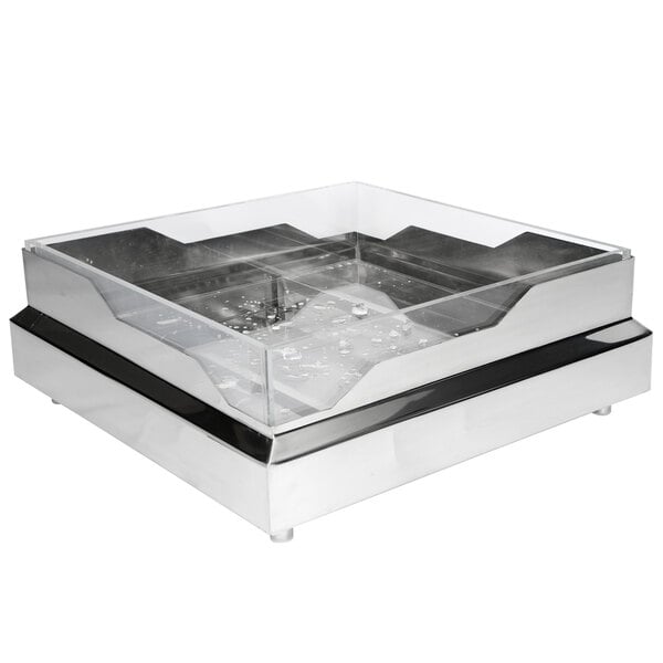 A silver square stainless steel raw bar with a wave design on it.