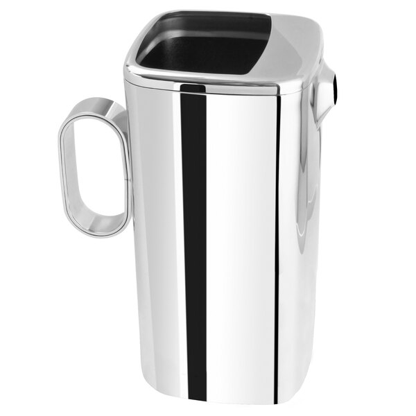 An Eastern Tabletop stainless steel water pitcher with a black handle and lid.