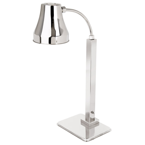 An Eastern Tabletop stainless steel freestanding heat lamp with a round shade and adjustable neck.
