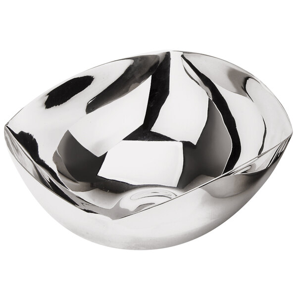 A stainless steel square edged bowl with a white background.