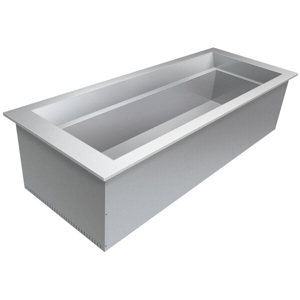 A rectangular silver Hatco drop-in cold food well with a clear bottom.