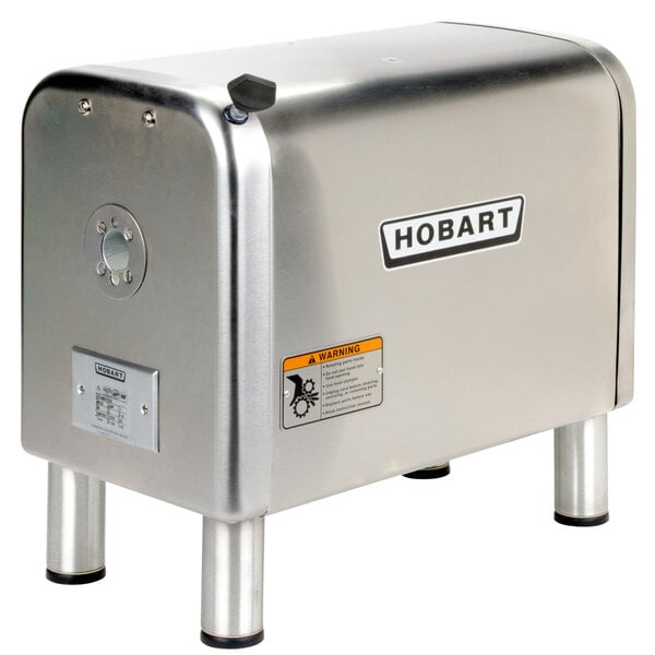 A silver rectangular Hobart meat chopper with a black handle.