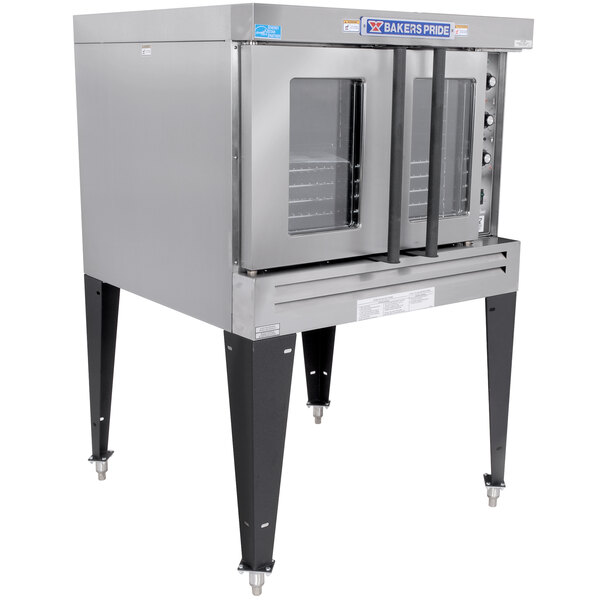 A stainless steel Bakers Pride natural gas convection oven with a glass door.