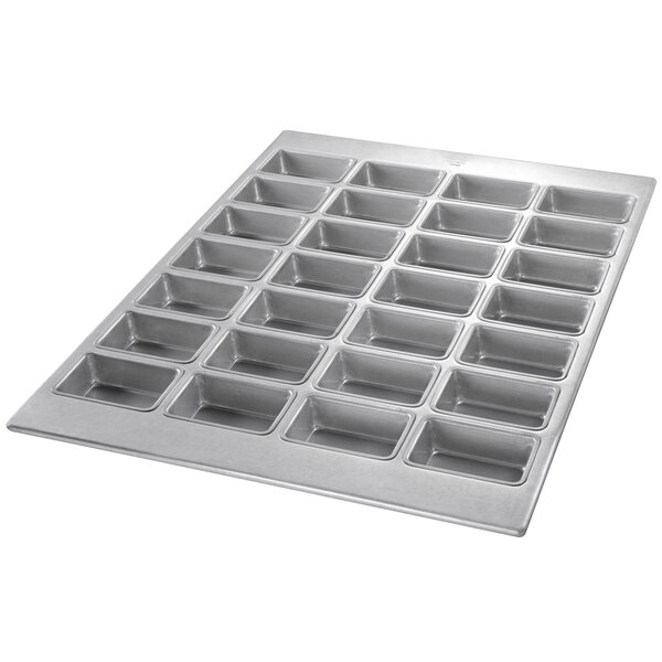 A Chicago Metallic mini loaf pan with 28 compartments.