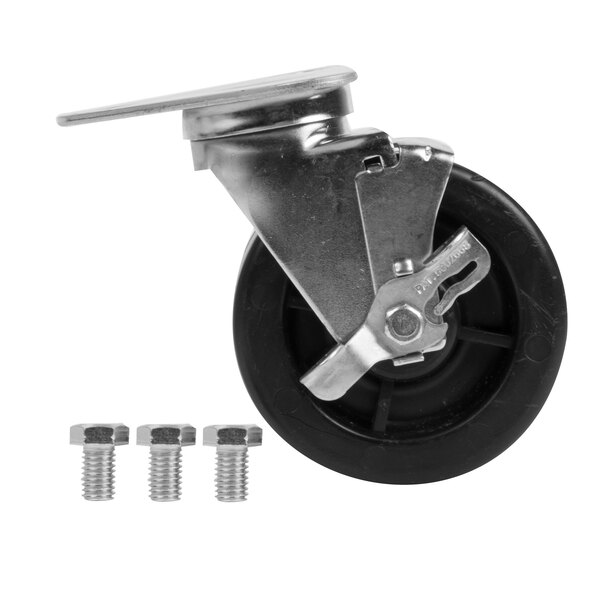 A 5" swivel plate caster with a metal wheel and screws.